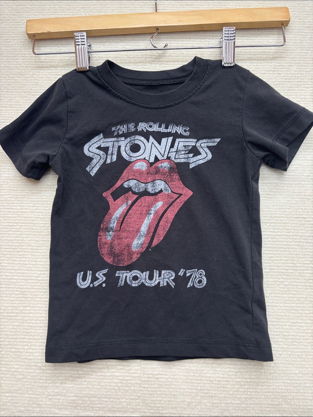 the Rolling Stones Black Kids Short Sleeve Tee with Red Tongue Graphic
